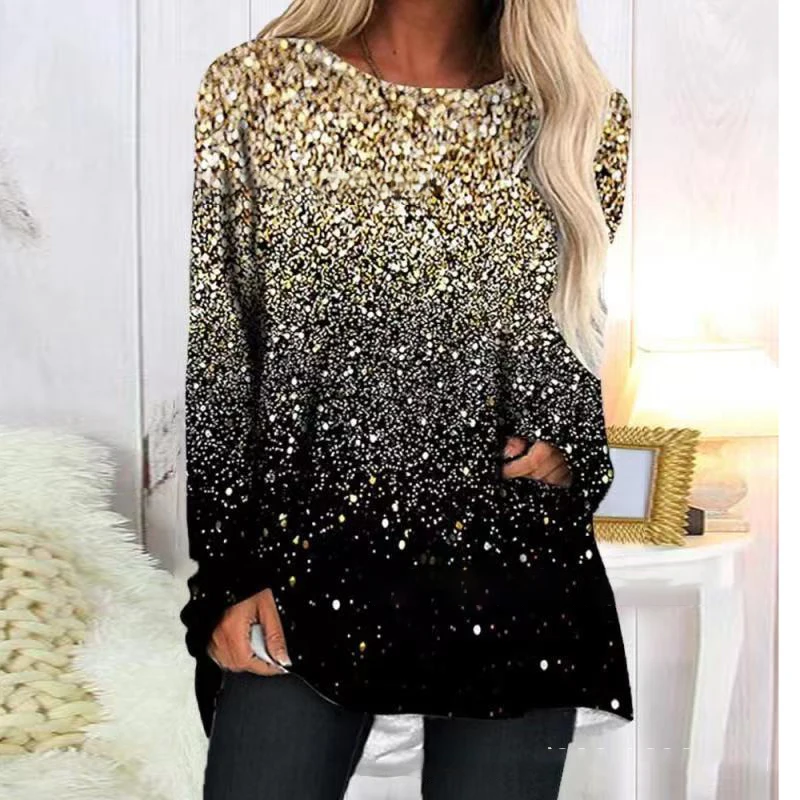 

Элегантный пуловер с длинным рукавом и круглым вырезом, рубашка 2023, Весенняя женская блестящая блузка, женская модная Свободная блузка с бл...