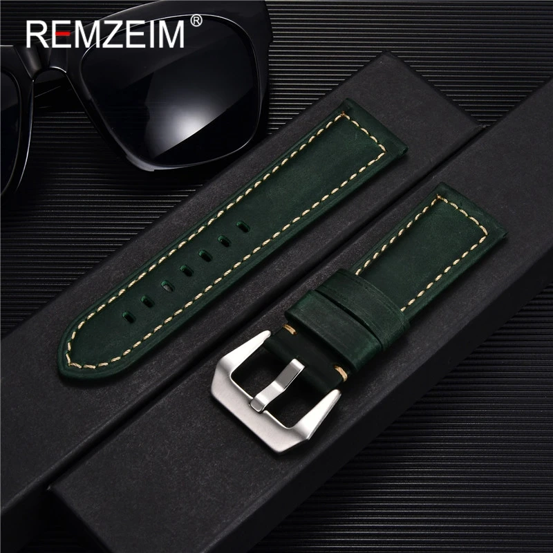 

Ремешок REMZEIM из воловьей кожи для наручных часов, браслет из натуральной кожи для мужчин и женщин, зеленый коричневый черный