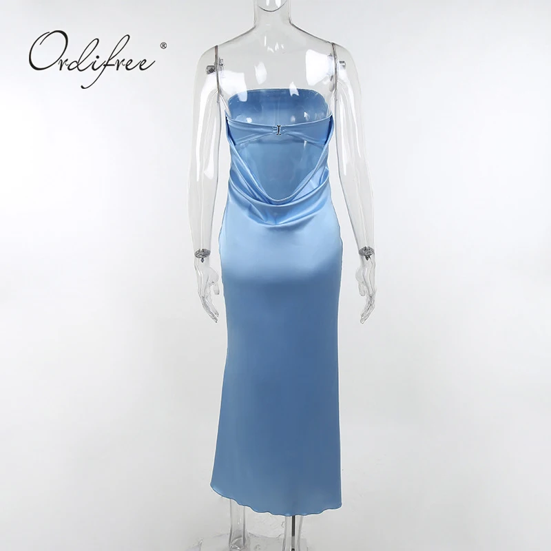 Женское атласное платье без рукавов Ordifree синее Зеленое Шелковое длинное