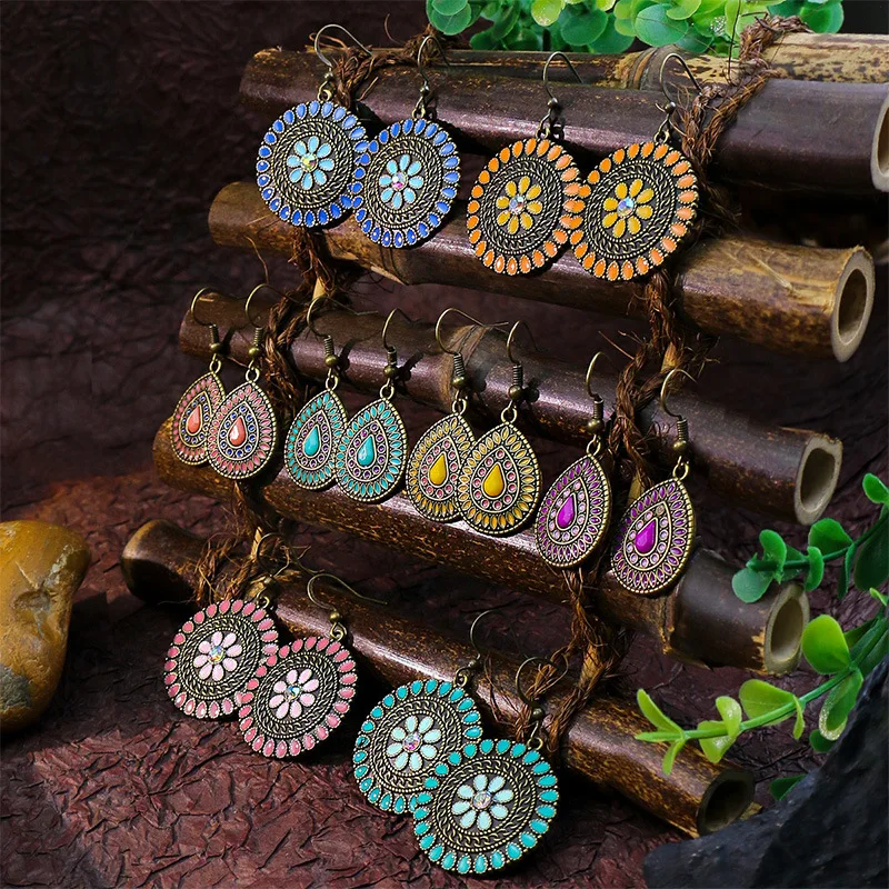 

Drop Oil Round Flower Dangle Earrings Women Party Ethnic Vintage Colorful Earrings Jewelry Fashion Accessories