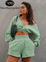 newasia fall two piece shorts sets off shoulder long sleeve button up crop top and elastic high waist shorts sets womens outfits