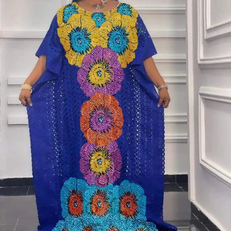 

African Lace Maxi Dress Women Robes 3/4 Sleeve Loose Boubou Fashion Solid Hollow Out Streetwear African Traditional Dresses Gown