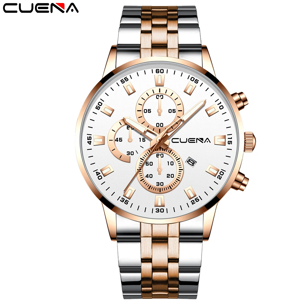 

CUENA Casual Fashion Stainless Steel Strap Sports Chronograph Luminous Waterproof Calendar Quartz Watch Men's Relogio Masculino