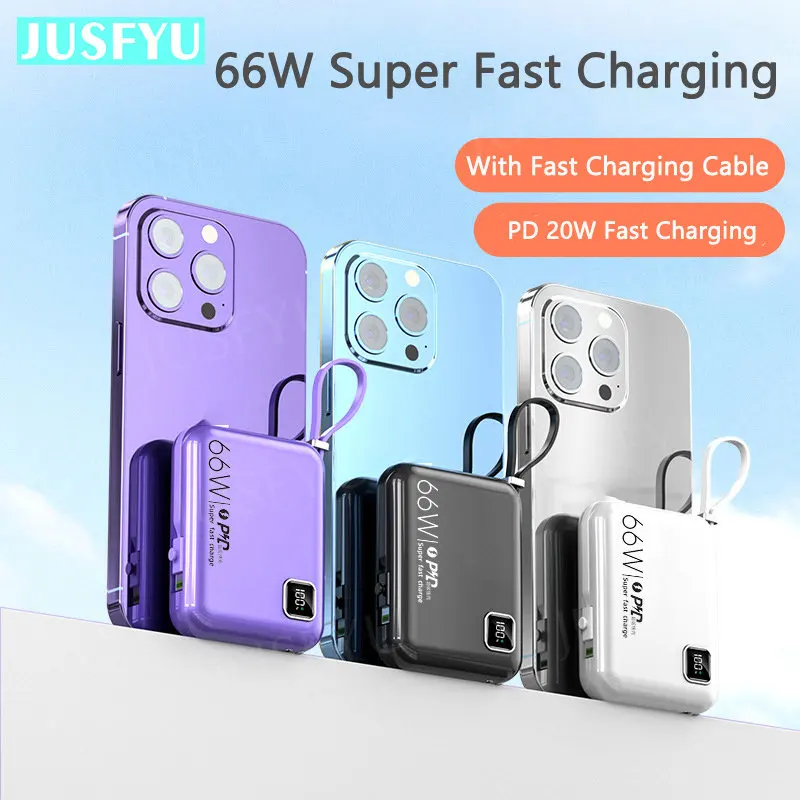 

66W Super Fast Charging 10000mAh Power Bank Built in Cable for Huawei P40 P50 iPhone 14 13 Samsung S22 S21 Xiaomi Mini Powerbank