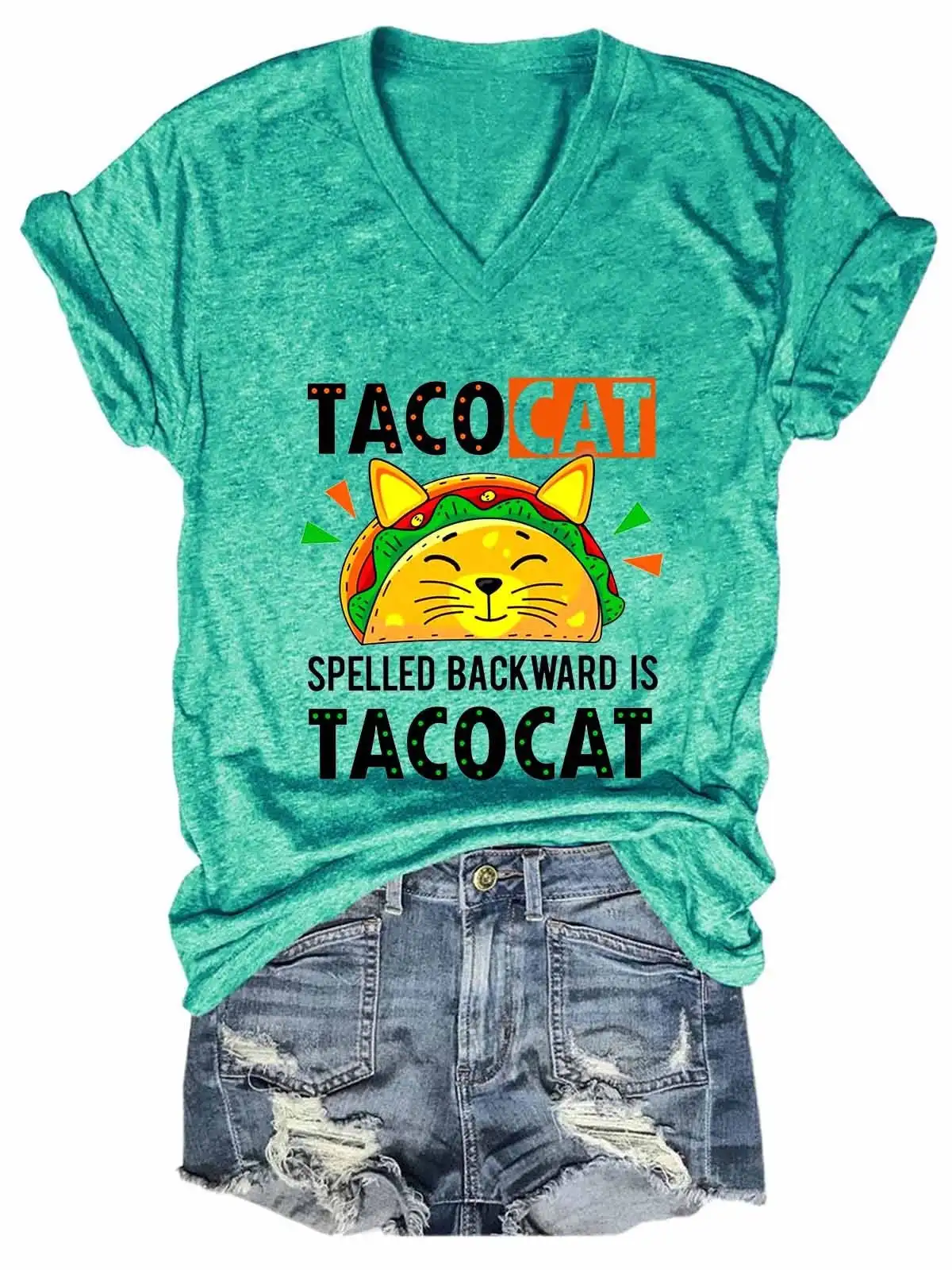 Lovessales Womens Spelled Backward Is Tacocat Funny Cat V-neck Short Sleeve 100% Cotton T-shirt images - 4