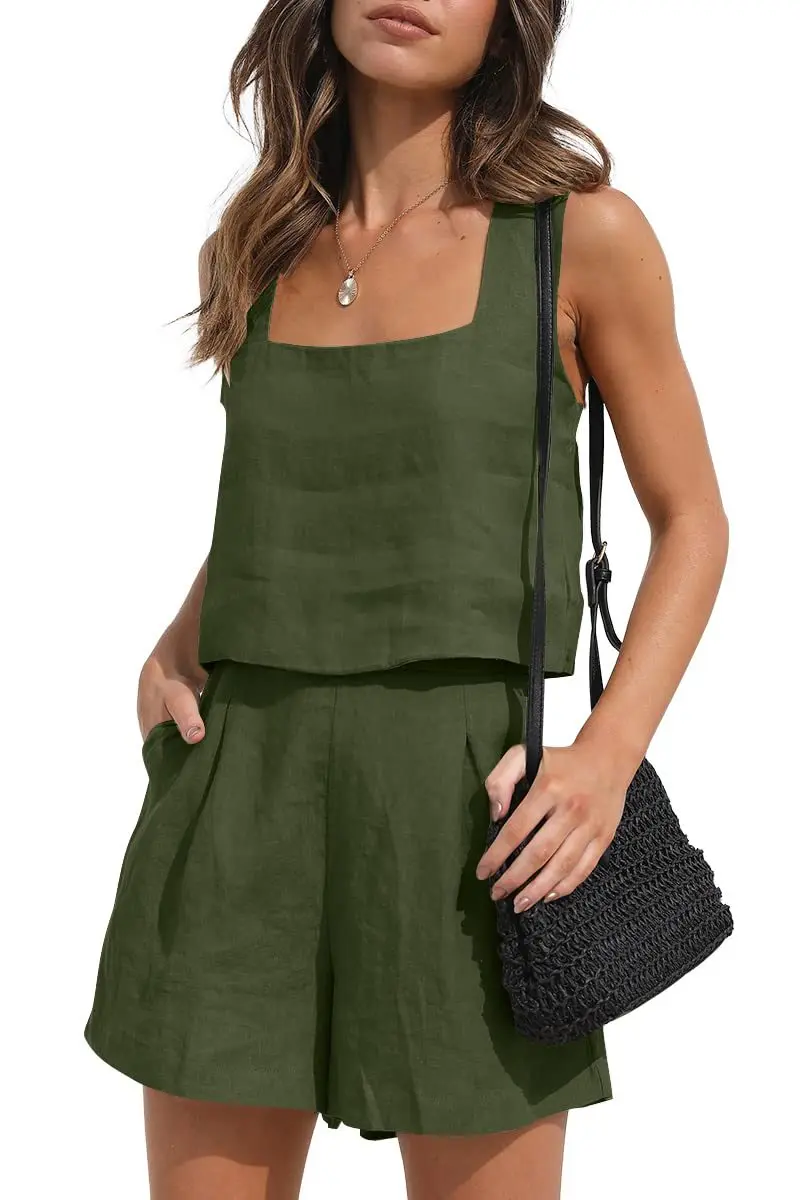 Women Nightwear 2 Piece Sets White Sleeveless Linen Crop Top Casual Female Home Suits With Shorts Spring Sleepwear Tracksuits