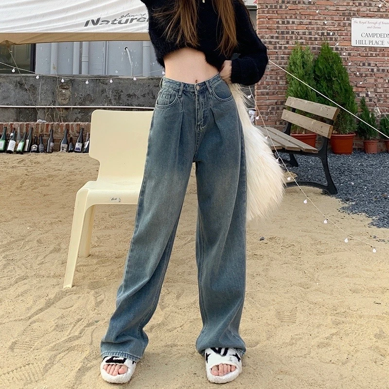 

Women's Pants Straight Jeans Vintage Clothes Blue Streetwear High Waist Washed Mom 2022 Fashion Trousers Baggy Denim Pants