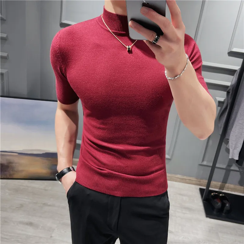 2022 Brand Clothing Men's Sweater Pure Color Short Sleeves Semi High Necked Pullover for Male Knit Sweater Tops Plus size S-3XL