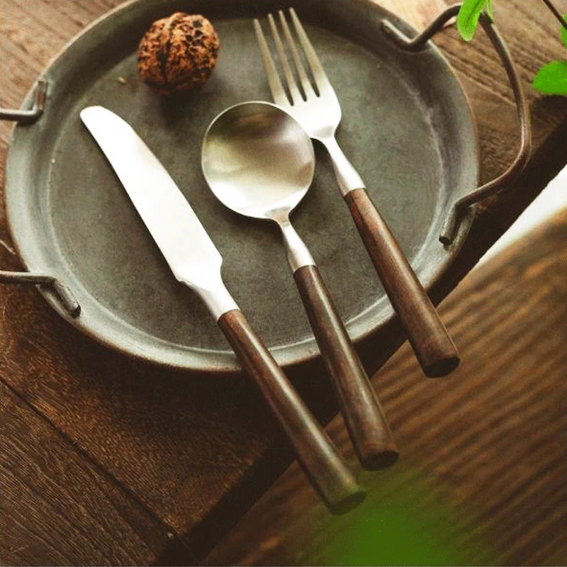 Retro Wooden Handle Dinner Knife Fork and Spoon 304 Stainless Steel Steak Knife Fruit Fork Coffee Tea Spoon Cutlery Set