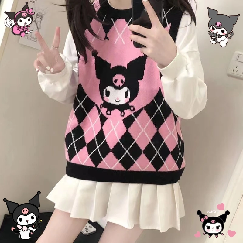 

Hello Kitty Kuromi Anime New Diamond Knitted Vest Kawaii Contrast Color Sweater Cute Spring Autumn Girly Sweater Girls Gifts