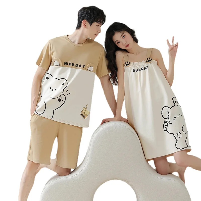 2023 New Summer Pajamas Couple Matching Pure Cotton Suit Cute Bear Sling Nightdress Home Service Soft and Comfortable Sleepwear