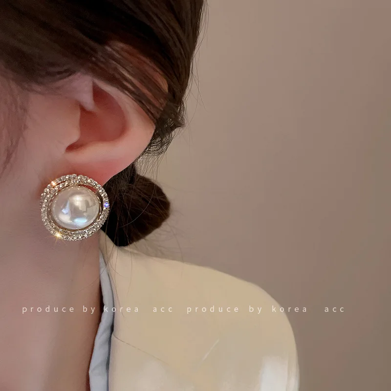 

925 Silver Needle Inlaid With Diamond, Pearl Ring Earrings, French Temperament Ear Studs, High-grade Simple Earrings For Women