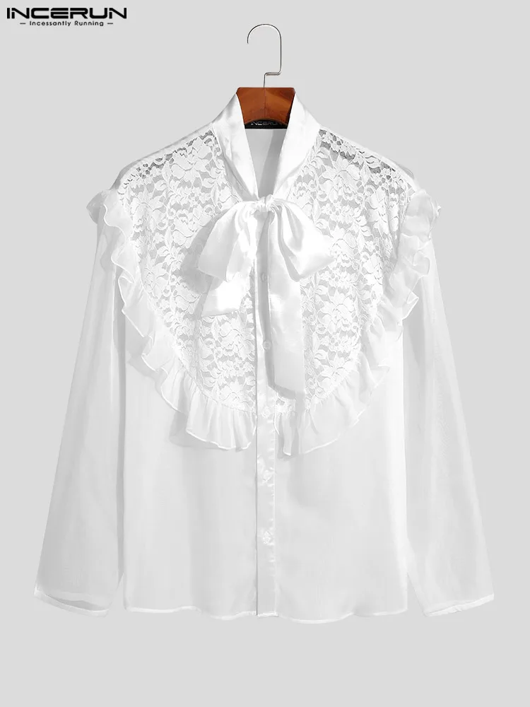INCERUN Tops 2022 American Style Men's Transparent Stitching  Blouse Casual All-match Ruffled Lace-up Long-sleeved Shirts S-5XL