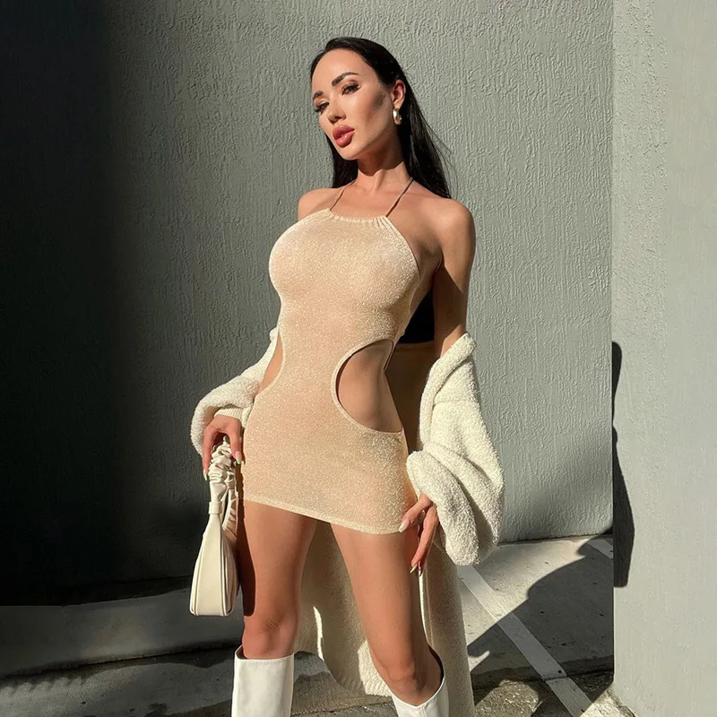 

Elegant Bling Glitter Women Lace Up Hollow Out Halter Mini Dress Backless Bodycon Sexy Streetwear Party Evening 2022 Summer Y2K