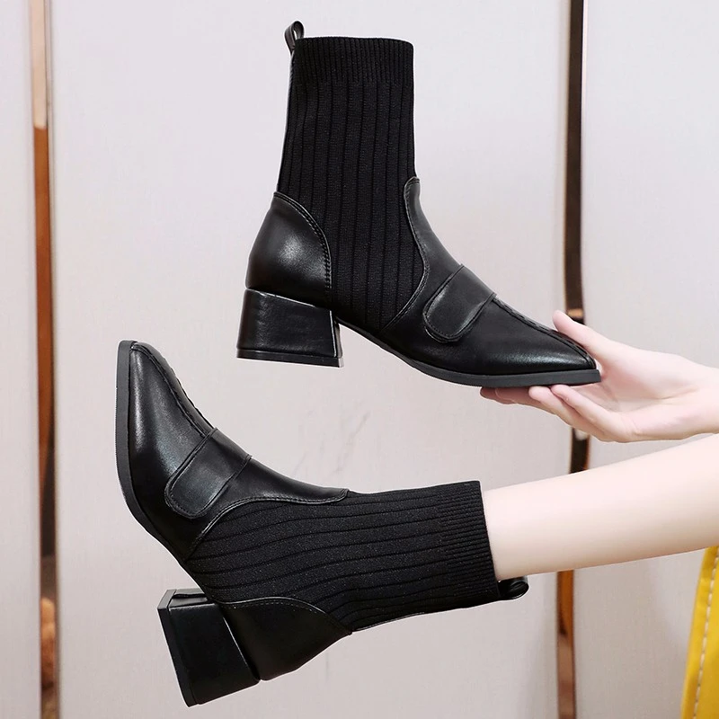 Женские ботильоны короткие ботинки-носки женские эластичные ботинки коричневая