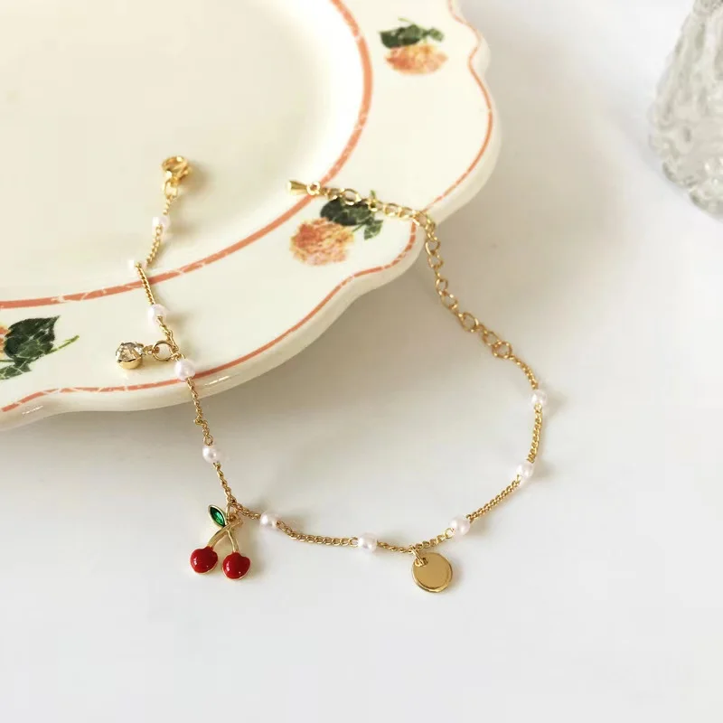 

Summer Charm Cute Cherry Fruit Gold Bracelets For Women Girls Fashion Sweet Pearl Chain Bracelet Female Aesthetic Jewelry Gifts