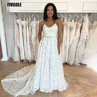 fivsole modern v neck a line lace wedding dresses luxury crystals sash 2022 spaghetti straps bridal gowns dress robe de mariee