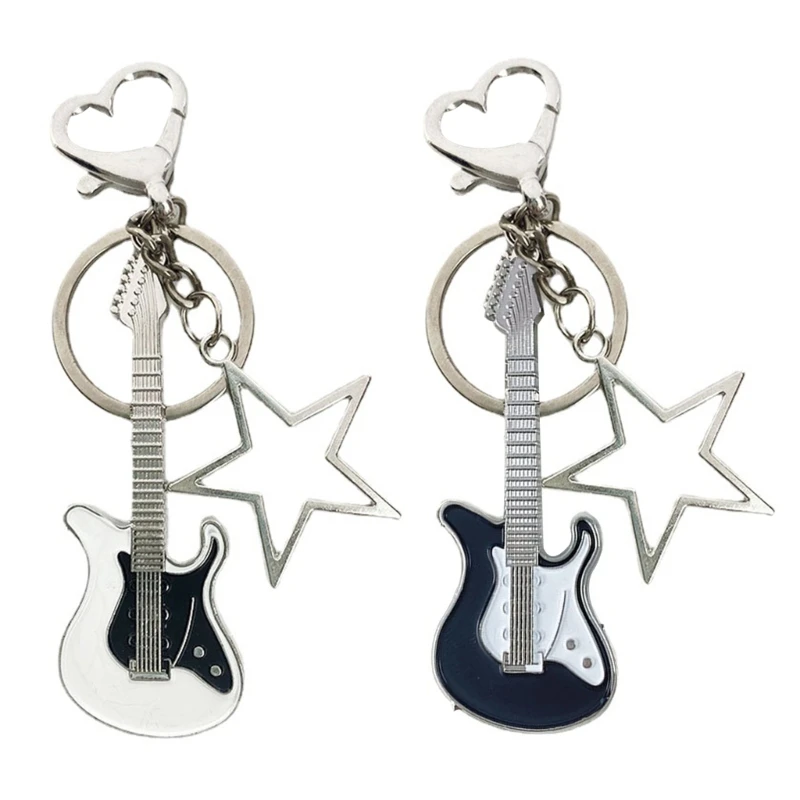 

Cute Alloy Heart Buckle Keyring Small Guitar Hollow Five-pointed Star Pendant Keyholder Bag Pendant for Women Dropship