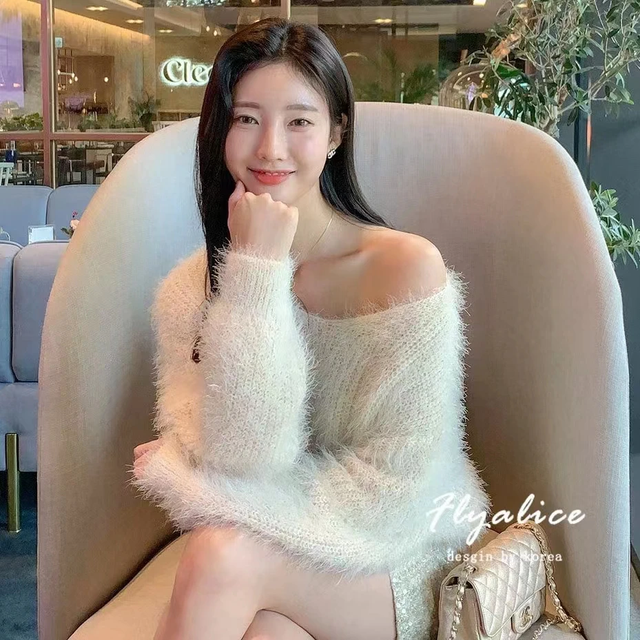 

Long Sleeve Mohair Sweater Women Pullover Lazy Ladies Jumper Korean Casual Soft Autumn Pull Femme Cashmere Mink Tops I846