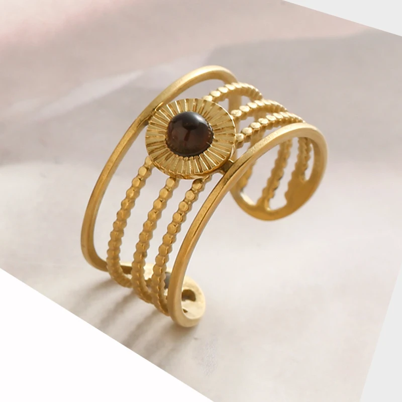 

Vintage Wide Hollowed Out Opening Rings for Women Trendy Luxury Gold Stainless Steel Natural Stone Inlay Finger Ring Jewelry 1Pc