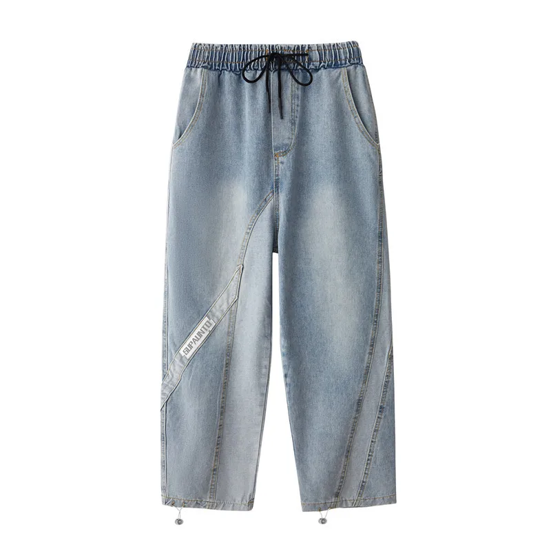 Splicing Jeans Men Korean Version of Loose Casual Straight Ins Tide Brand Y2K High Street Personality Drawstring Trousers Casual