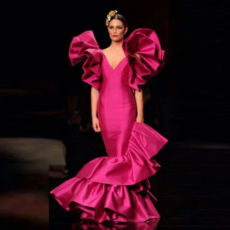 

Spanish Flamenco Fuchsia Prom Gowns Mermaid Layered Tiered Maxi Dresses Ruffles Long Prom Evening Gowns Dancing Satin Thick