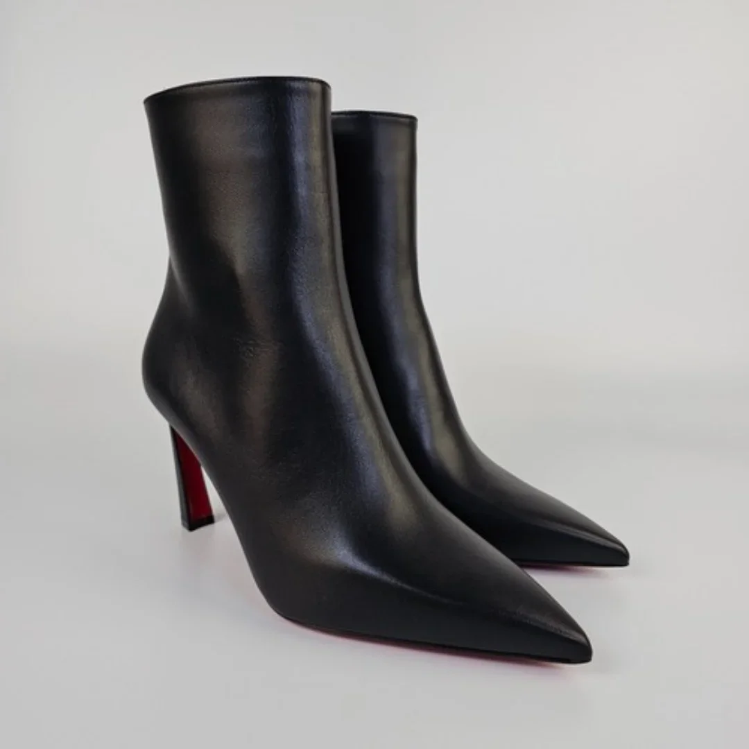 Фото Черные кожаные туфли Botas De Mujer с острым носком, женские туфли на высоком каблуке с красной подошвой, элегантные офисные женские туфли до середины икры для банкета №2