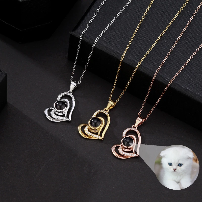 Personalized Photo Projection Necklace Zircon Double Heart Pendant Custom Jewelry for Women Birthday Lover Family Memory Gift
