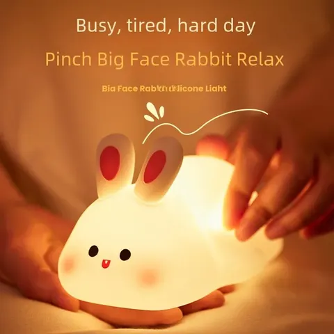 Силиконовый ночник с большим лицом, светлый кролик, белый мультяшный таймер для сна, подарок на год, чувствительный кролик с управлением звуком