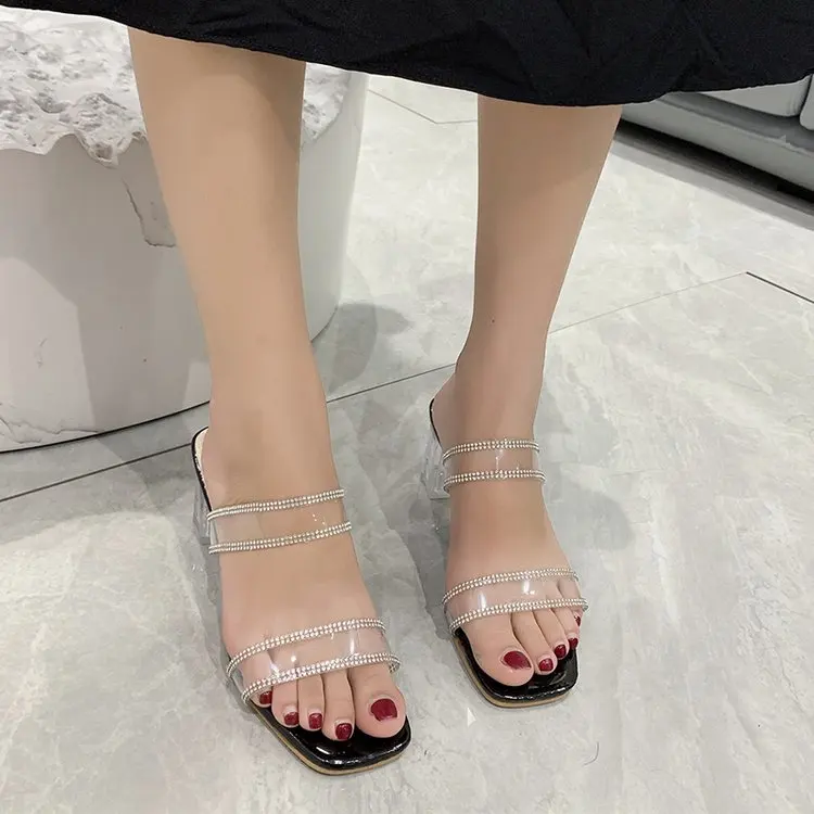

2022SSummer New Women's Transparent High Heel Sandals Fashion Non-slip PVC Rhinestone Square Heel Sandals