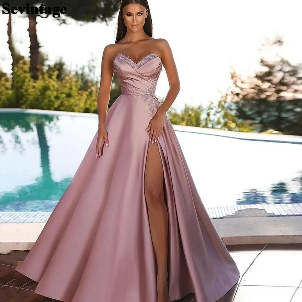 

Sevintage Pink A Line Satin Women Evening Gowns Appliques Lace Pleats Slit Formal Prom Dresses Wedding Party Bridesmaid Gown