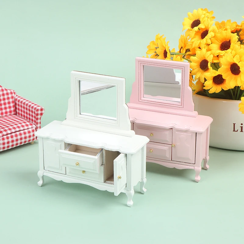 

1PC 1:12 Dollhouse Mini Furnture Dollhouse Miniature Furniture Wood Mirror Dressing Counter Cupboard Model Decor
