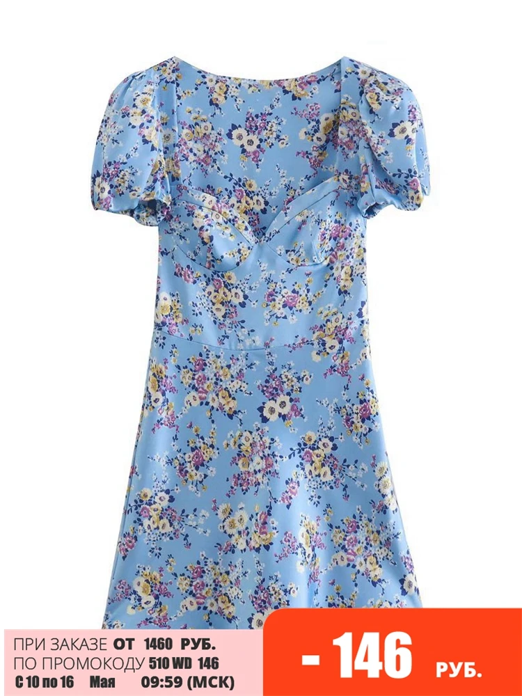 

Tangada 2022 Summer Women Blue Flowers Print Short Dress Puff Short Sleeve Ladies Sundress 5Z27