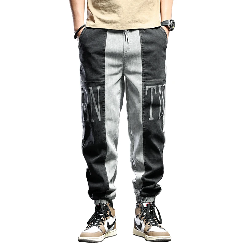 Summer Jeans Men Joggers Pencil Pants Streetwear Fashion Patchwork Gray Black Elastic Waist Drawstring Denim Trousers