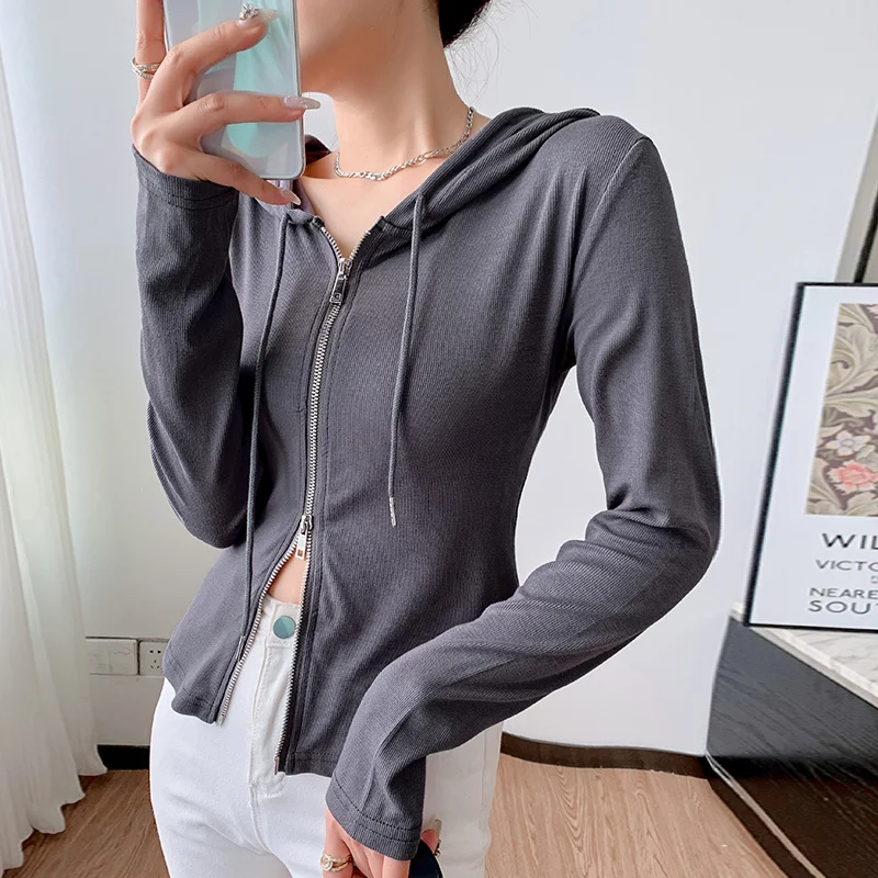 

Real Shot Zipper Cardigan Long-sleeved Women's New Korean Version Spring Top Pure Cotton Slim Hooded Outer Wear All-match Coat