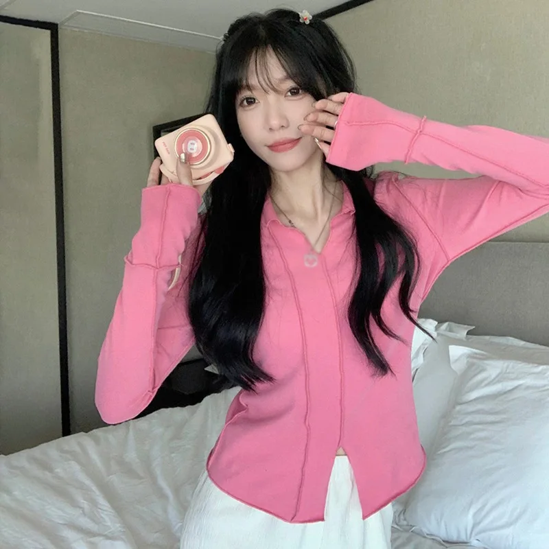 

Y2k Винтажная футболка, пикантные корейские обтягивающие топы, вязаные женские рубашки, Весенние футболки с V-образным вырезом и розой, модные топы