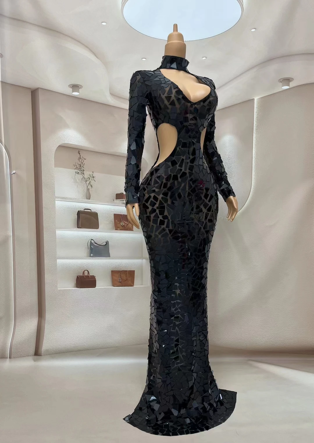 Блестящие черные блестки вечернее сетчатое длинное платье женское для дня