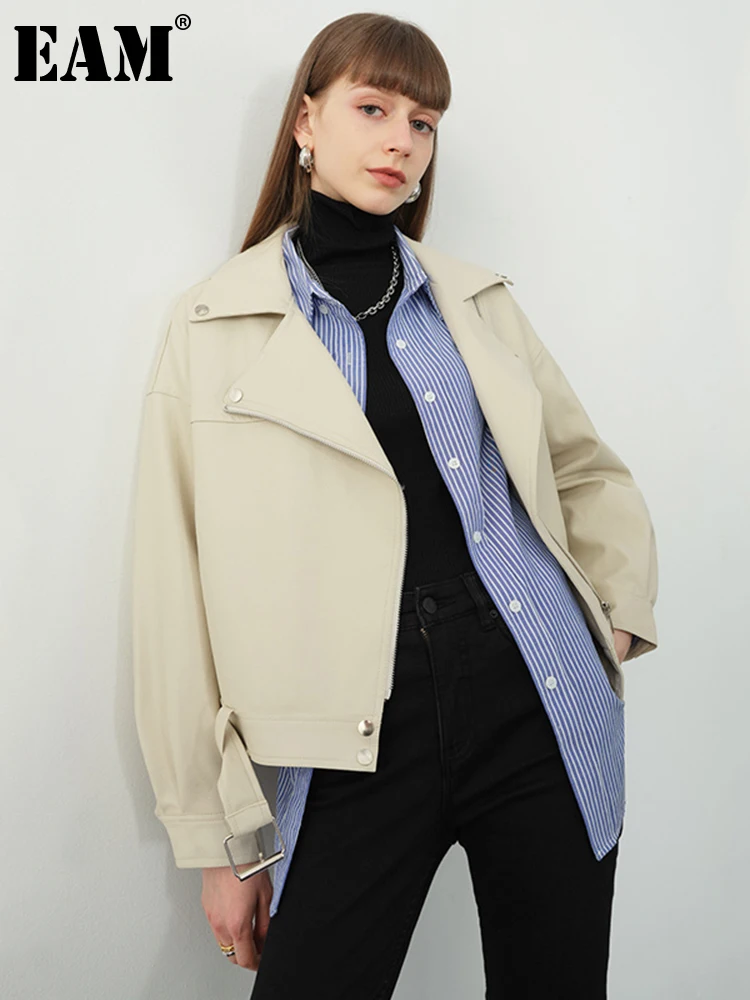 

[EAM] Loose Fit Apricot PU Leather Big Size Jacket New Lapel Long Sleeve Women Coat Fashion Tide Spring Autumn 2022 JX445