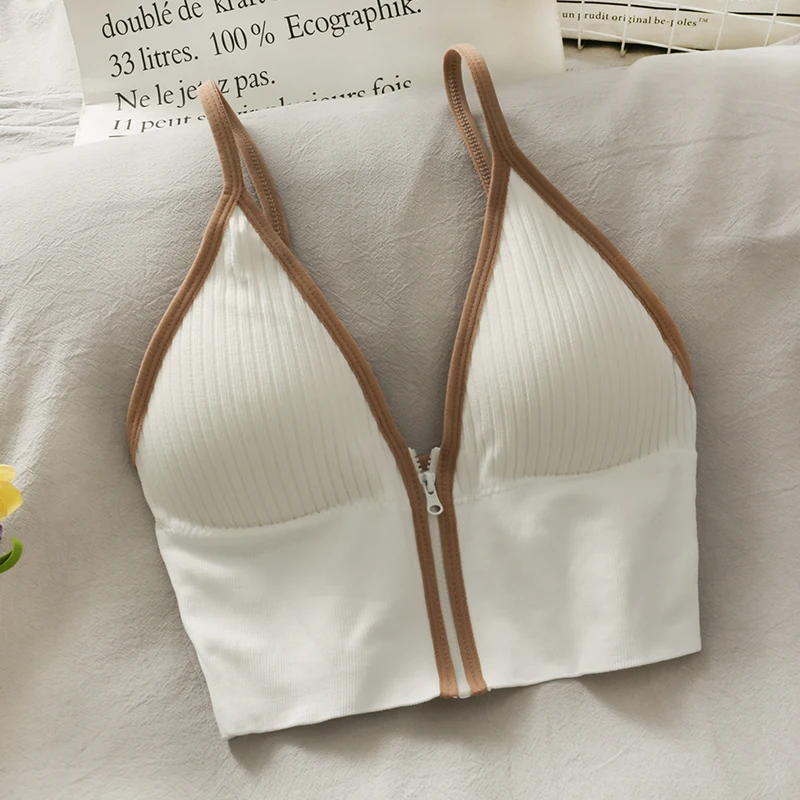 

Heliar Ribbed Crop Tops Slim Fit Spaghetti Strap Tank Top Women Built In Bra Off Shoulder Contrast Sleeveless Deep V Top
