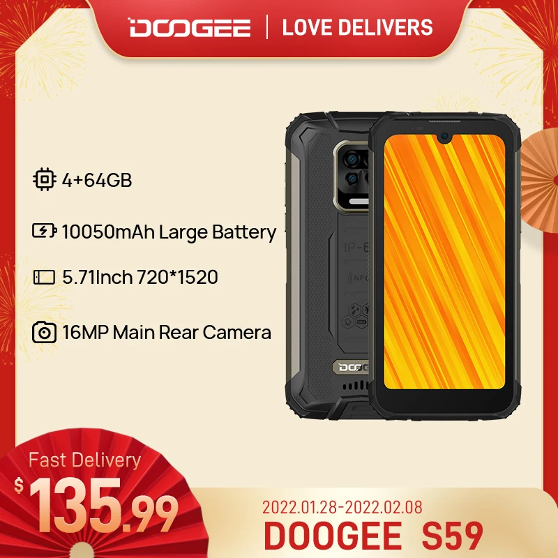 DOOGEE S59 Smart Rugged Phone 10050mAh Battery Mobile Smartphone 4GB+64GB Cellphone IP68/IP69K 2W Loud Volume Speaker Celular