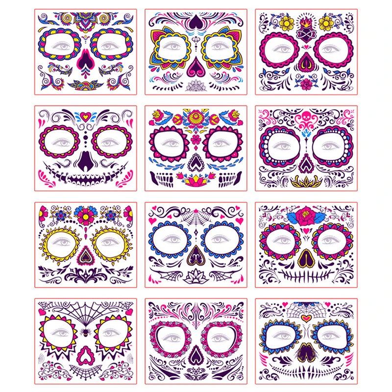 

Facial makeup Sticker Special Waterproof Face tattoo Day of The Dead Skull Face dress up Halloween Temporary Tattoo Stickers