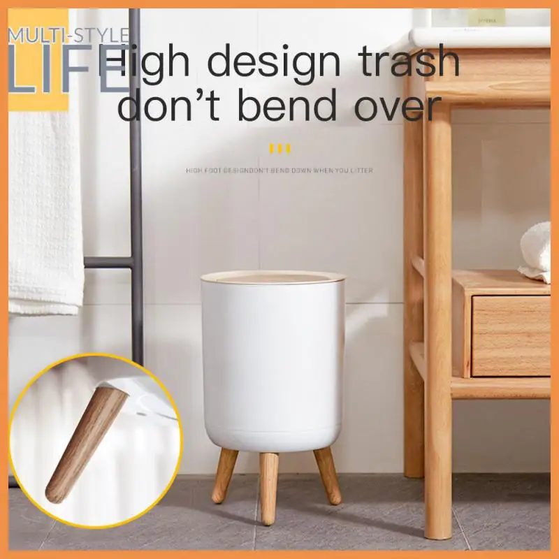 

Press For Kitchen Bathroom Bedroom Kitchen Cabinet Storage Bucket With Wood Grain Cover High Foot Trash Round Trash Bin Creative