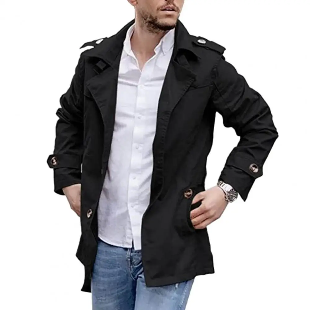 

Solid Color Coat Stylish Men's Mid Length Trench Coat Windproof Casual Streetwear Jacket with Lapel Button Decor for Fall Spring