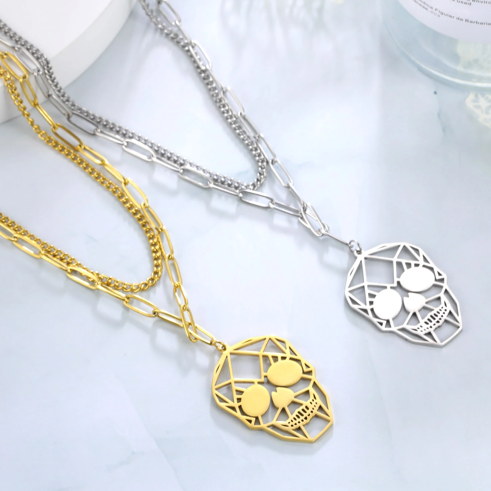 

Stainless Steel Double Layer Necklace for Men Women Cutout Geometric Pendant Necklace Trend Jewelry for Party Gift
