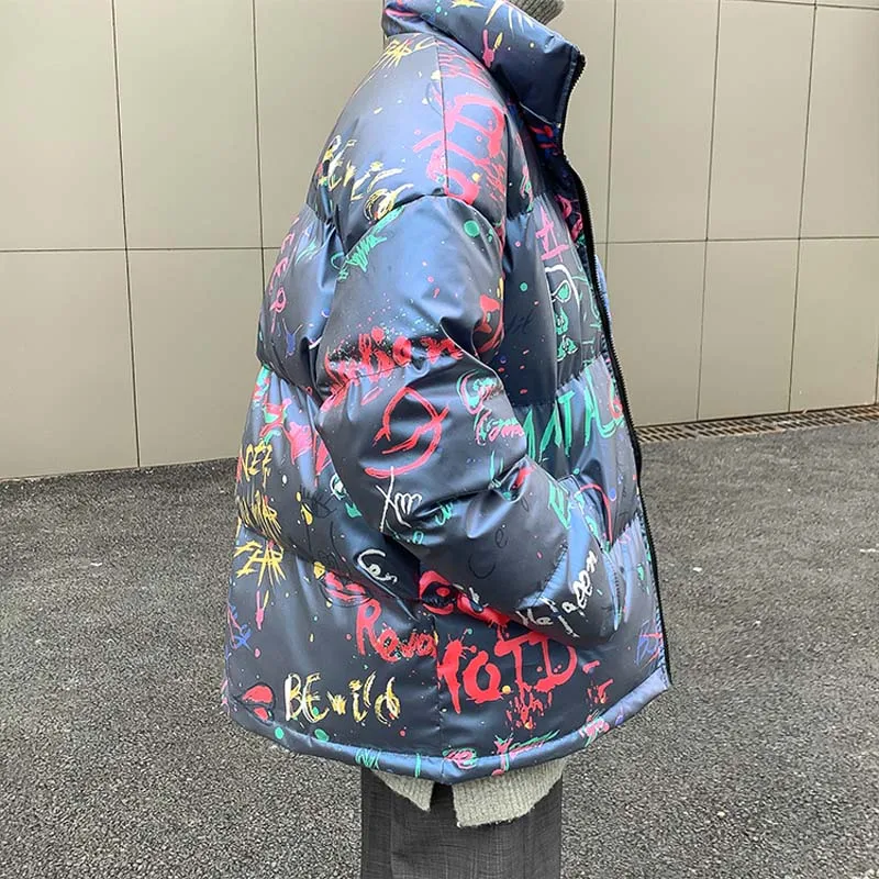 Letter Graffiti Puffer Jacket for Men Korean Fashion Trends Hip Hop Clothes Teen Oversized Streetwear Plus Size Bubble Warm Coat