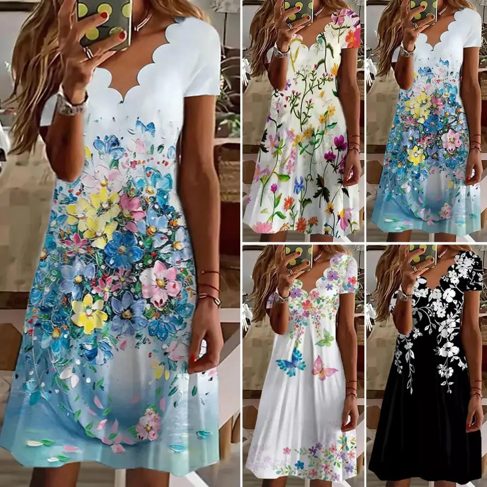 

Women Dress Colorful Print V Neck Summer A-Line Knee Length Dress Streetwear