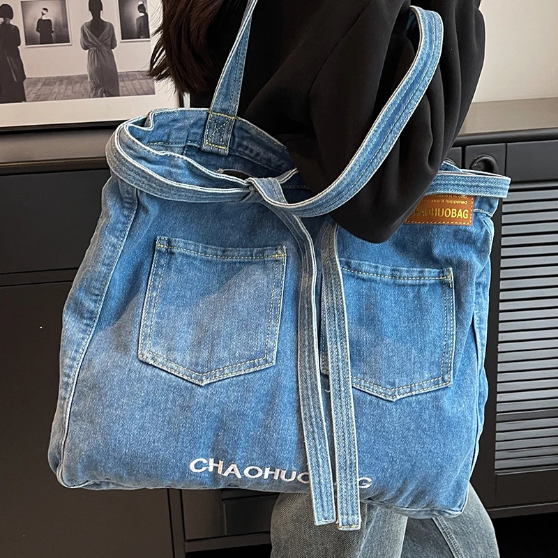 

Lovers' Denim Light Blue Handbag Large Female Shopper Drawstring Jean Tote Bag Multi Pocket Decoration Women's Eco Shoulder Bags