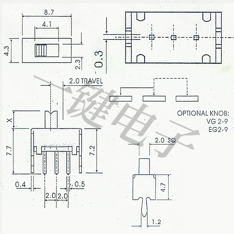 20 шт. Φ (1P2T) различные высоты 3-контактный 2-позиционный вертикальный