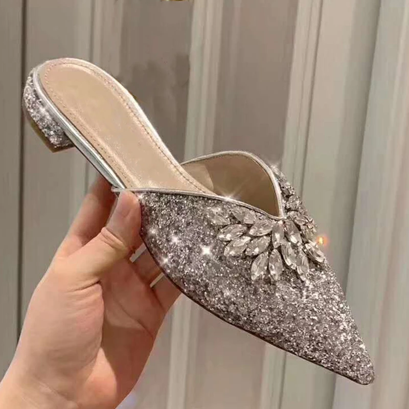 

Summer New Silver Rhinestone Sequins Pointed Toe Flat Sandals Women's Baotou Half Drag All-match Mules for Outer Wear