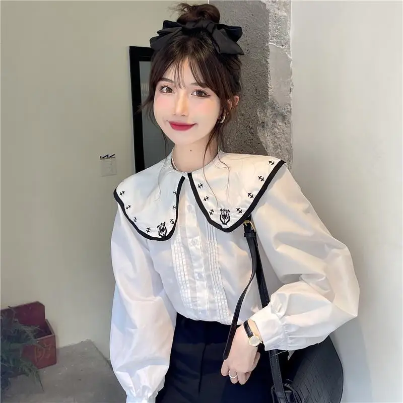 

Women 2022 Early Autumn New French Loose Shirts Clothes Female Long Sleeve Casual Shirts Ladies Floral Embroidery Blouses R46
